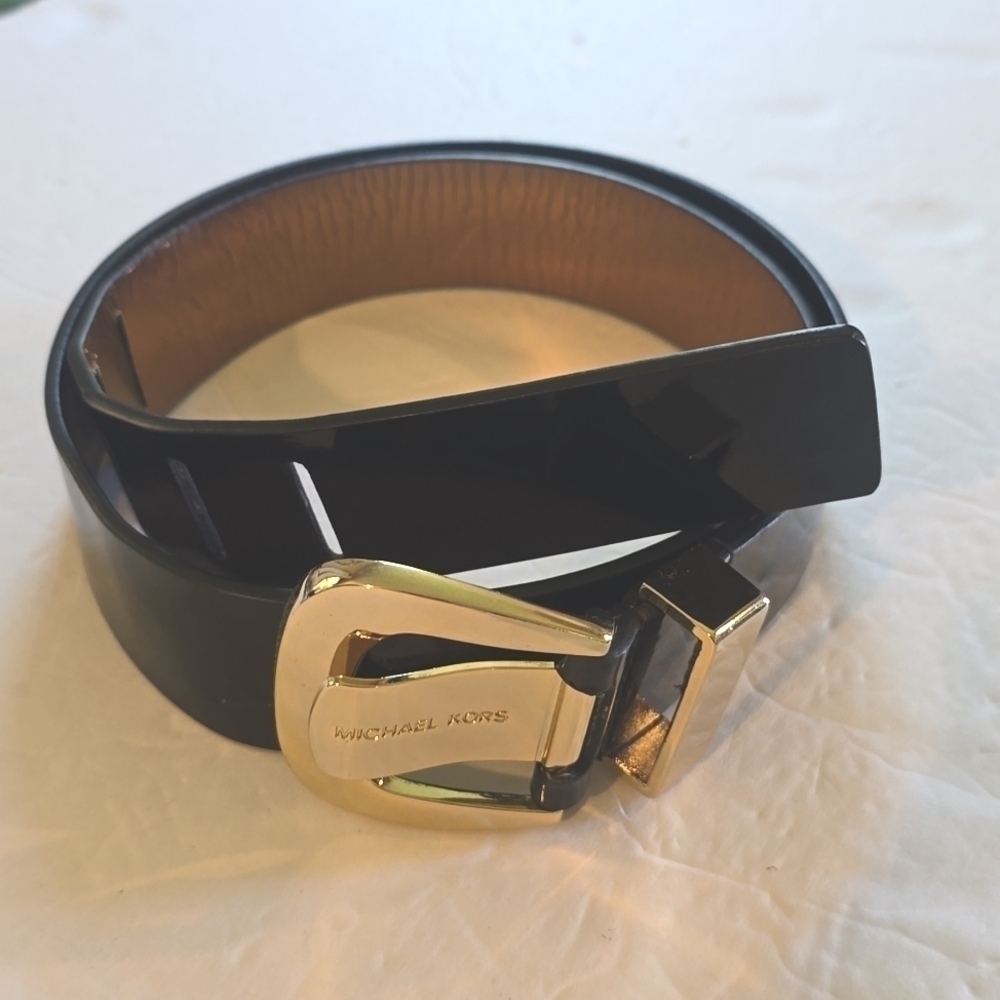 Michael Kors| Womens Black Shiny Belt W/ Gold Logo Buckle Luxury Sz.Large